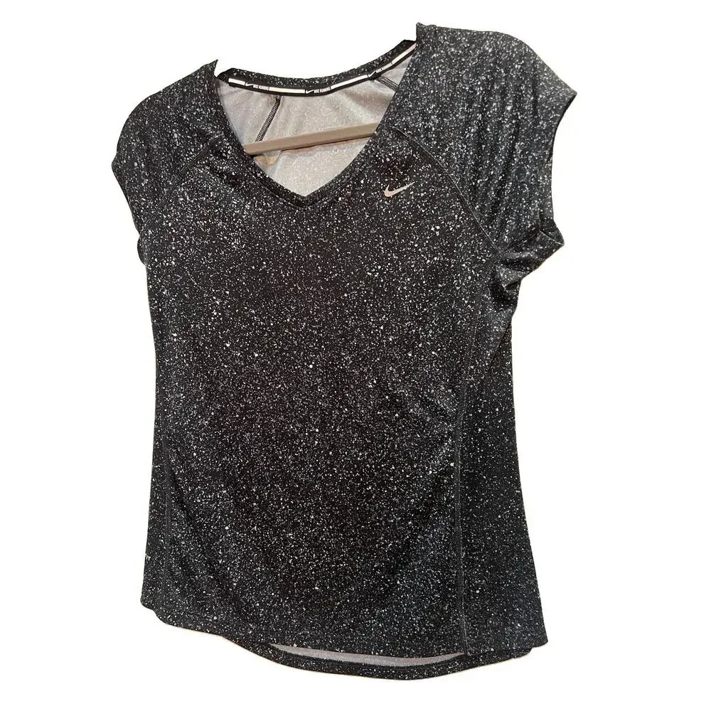 ✔ Nike Dri-Fit Running Shirt Womens M Black Space Dye Speckled Short Sleeve